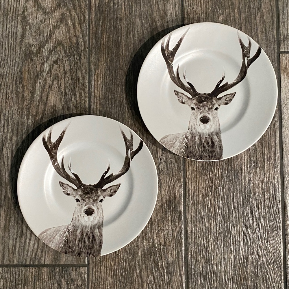 Pier 1 Snow Forest Winter Buck Stag Deer Porcelain Accent Salad Plate 8.5" TWO